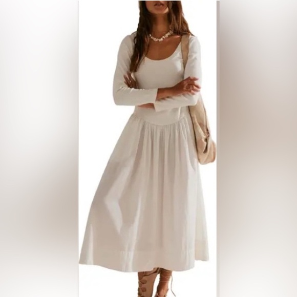 Free People Cream Sundress with 3/4 Sleeves and Square Neck - Picture 1 of 7